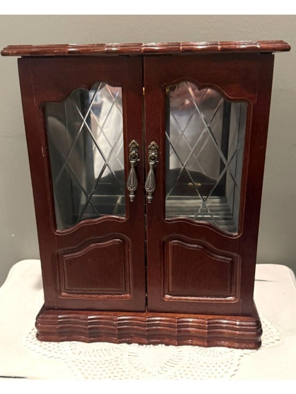 Vintage Wooden Musical Jewelry Armoire Glass Doors Necklace Carousel Mirror